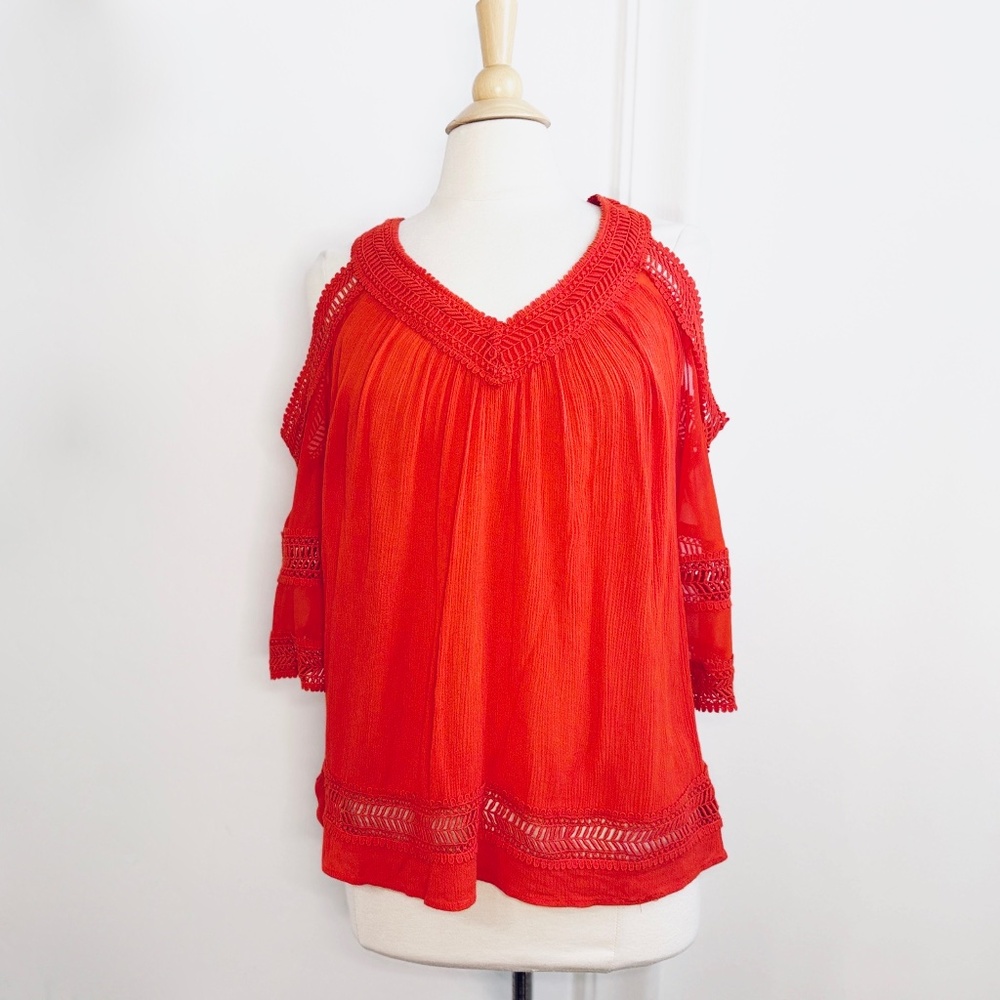 Heartloom Red Cold Shoulder 3/4 Sleeve Top Blouse Shirt Boho L Large